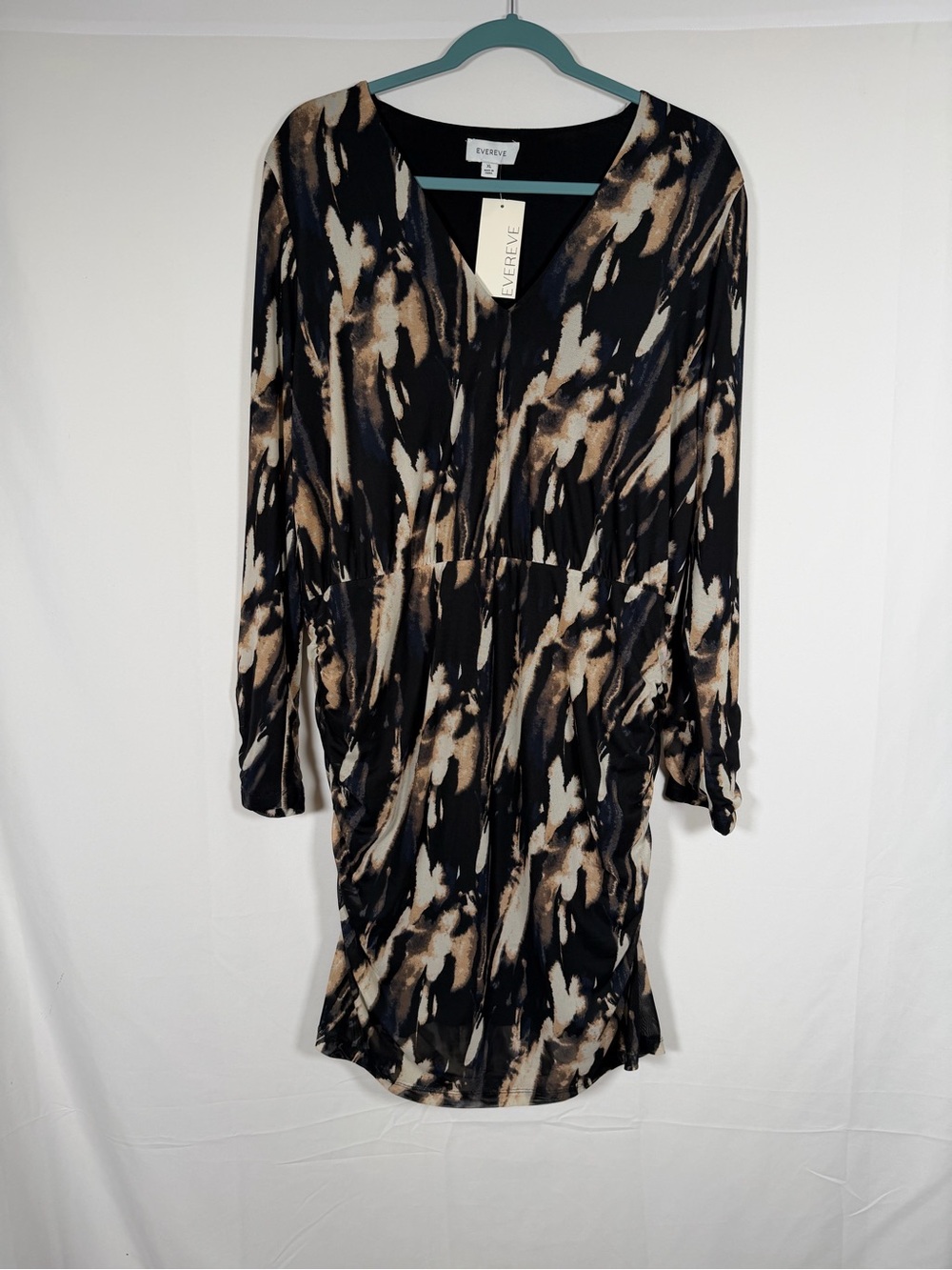 NWT Evereve Iris Mesh Bodycon Black and Tan Abstract V-Neck Long Sleeve Dress